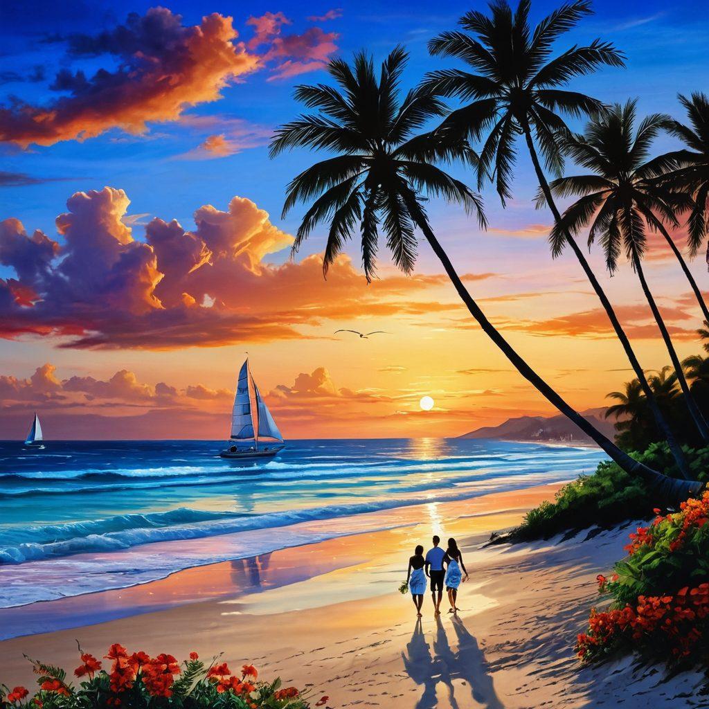 A stunning tropical beach at sunset, featuring a couple holding hands walking along the shoreline, surrounded by palm trees and a vibrant blue ocean. Sailboats dot the horizon, creating a romantic atmosphere with soft waves gently lapping at the shore. Include exotic flowers in the foreground for added color. super-realistic. vibrant colors. peaceful setting.