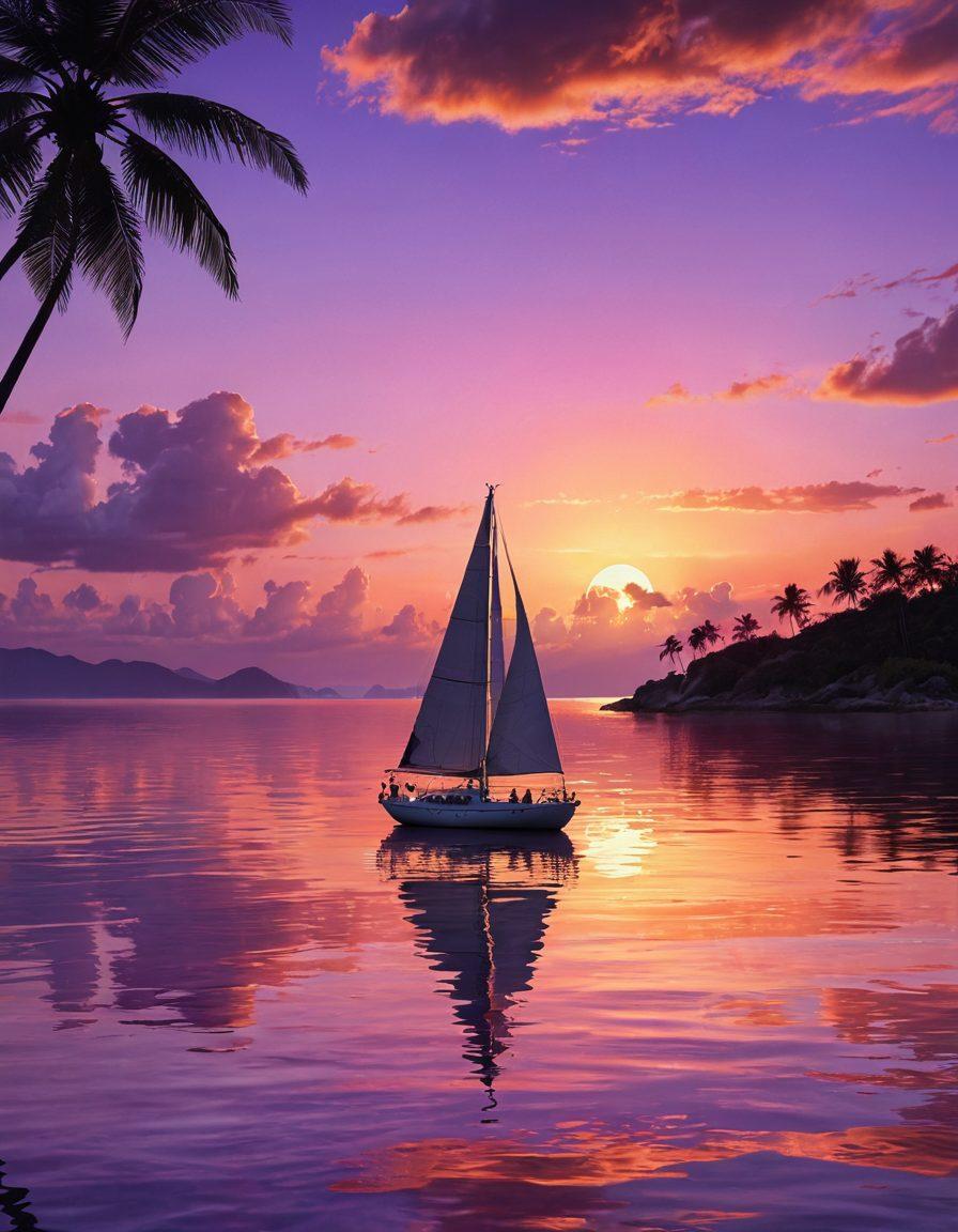 A serene sunset on a tranquil sea, with a luxurious sailboat gently gliding through the water. A couple is enjoying a romantic moment on deck, surrounded by vibrant tropical islands in the background. The sky is painted with warm hues of orange, pink, and purple, reflecting on the calm waves. Soft, dreamy lighting enhances the intimate atmosphere. super-realistic. vibrant colors. 3D.