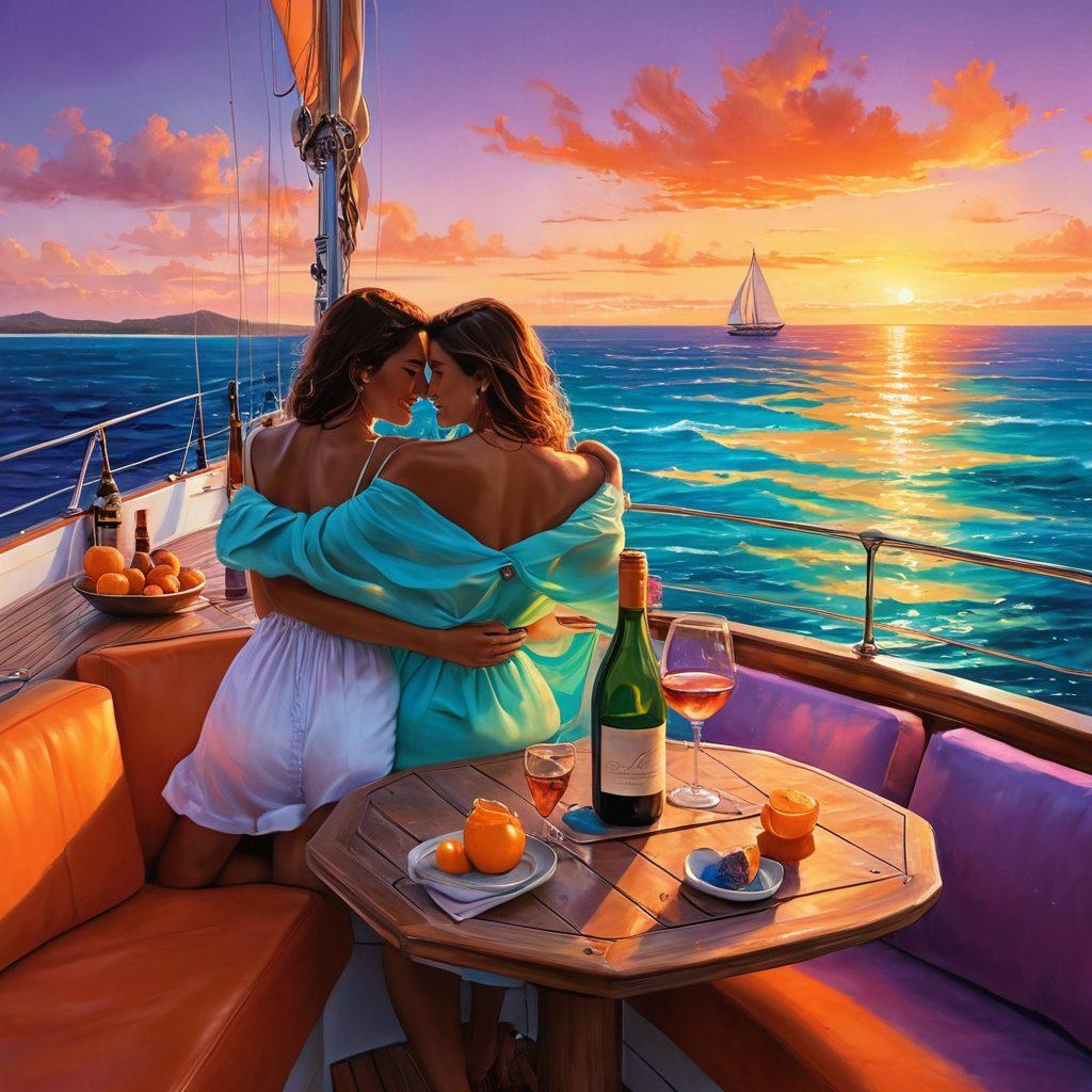 A couple embracing on the deck of a luxurious sailboat, surrounded by shimmering turquoise waters under a sunset sky painted in vivid oranges and purples. A hint of distant tropical islands can be seen on the horizon, with gentle waves lapping against the hull. Romantic elements like a bottle of wine and glasses on a small table enhance the atmosphere. super-realistic. vibrant colors. 3D.